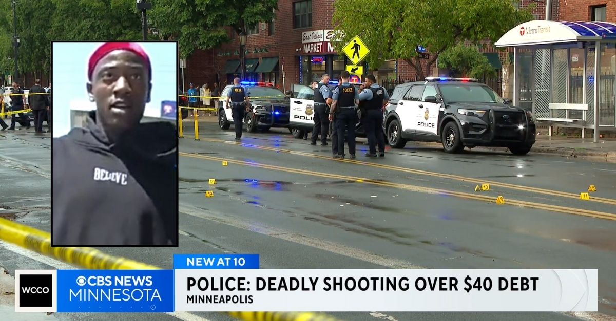 Background: News footage of the scene in Minneapolis, Minn. where one man was killed and another woman hit during a shooting on July 15 (WCCO). Insets: Deshon Gregory (Minneapolis Police Department).