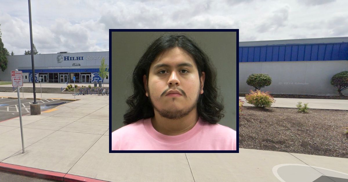 Inset: Derek Owen Cuellar-Torres (Washington County DA). Background: The Oregon high school the killer and victims all attended (Google Maps).