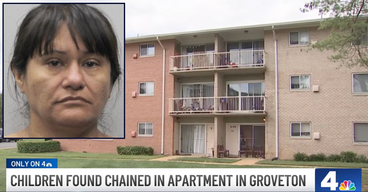 Inset: Wendi Del Cid Rodriguez (Fairfax County Police Department). Background: The apartment building where Del Cid Rodriguez chained up her sons (WRC).