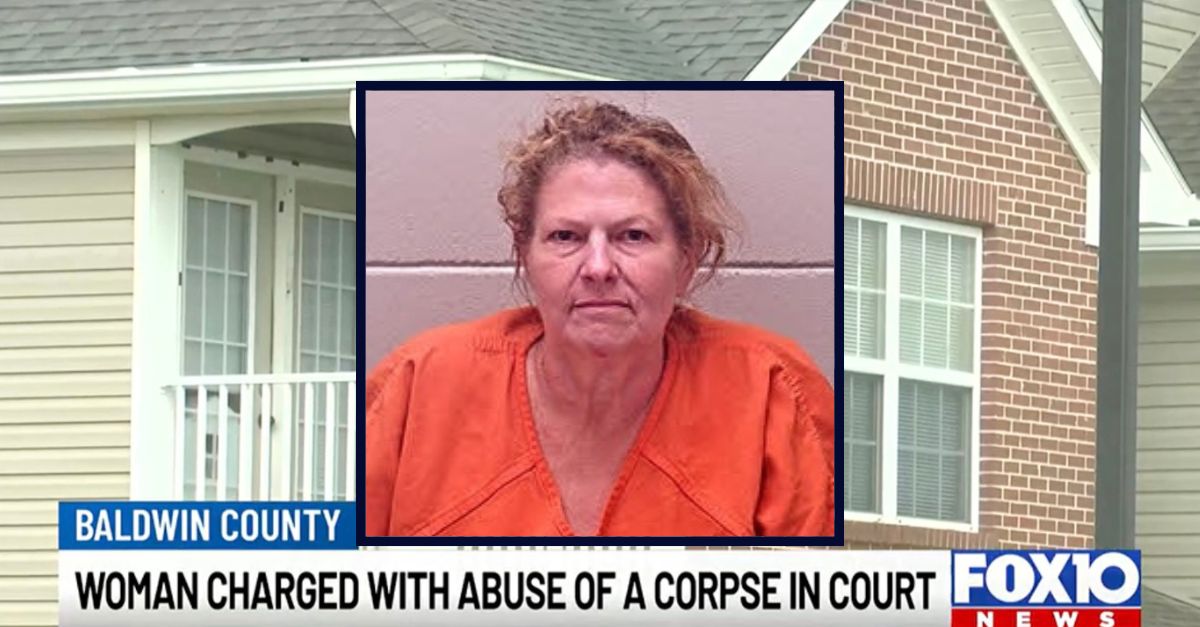 Inset: Valerie Bonner (Baldwin County Jail). Background: The apartment complex where authorities say two men died in the last six months (WALA).