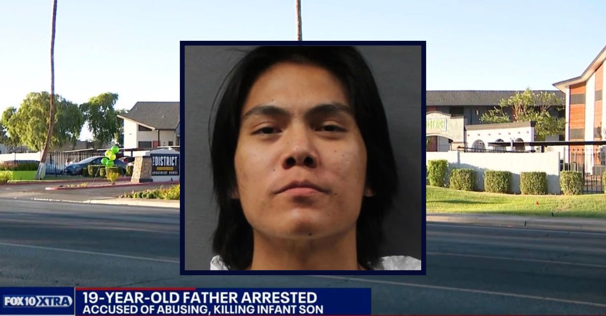 Inset: Arnold Barney (Maricopa County Jail). Background: The apartment complex where Arnold allegedly beat his newborn son to death (KTVK).