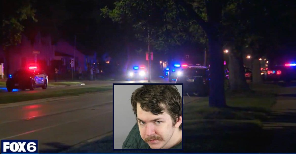 Inset: Sean Couture (Waukesha County Jail). Background: Authorities responding to the home where Couture killed his grandmother (WITI).