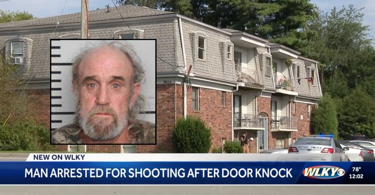 Inset: Michael Rodgers (Louisville Metro Police Department). Background: The apartments in the 9600 block of Westport Road in Louisville, Ky., where Michael Rodgers allegedly shot a person who knocked on his door (WLKY).