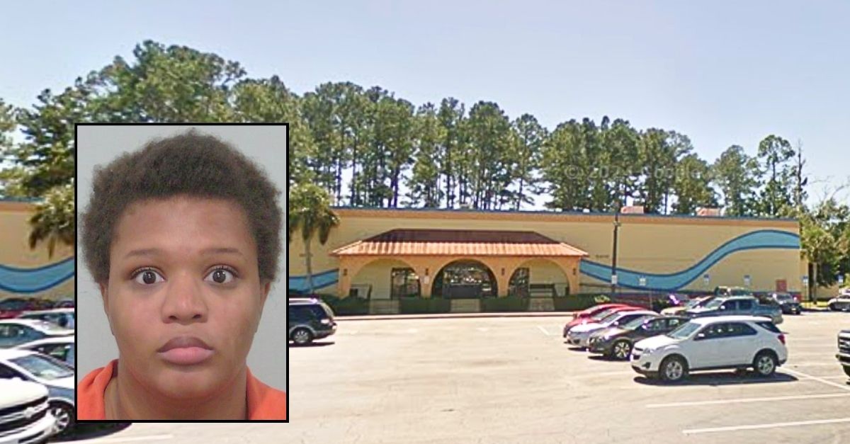 Inset: Tipora Merriex (Lake City Police Department). Background: The egal Cinema 90 on U.S. Highway 90 in Lake City, Fla., where Tipora Merriex allegedly locked her daughter in a hot car on July 19, 2025 (Google Maps).