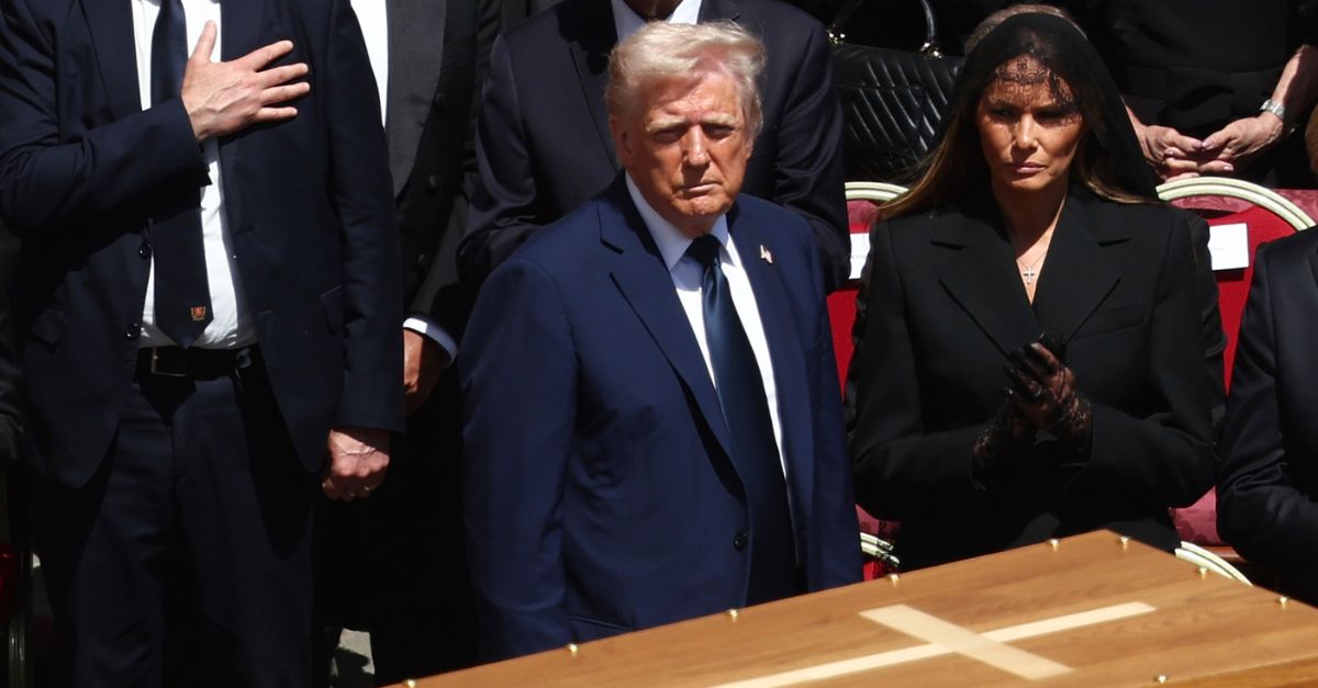 Donald Trump and Melania Trump at the funeral of Pope Francis in 2025.