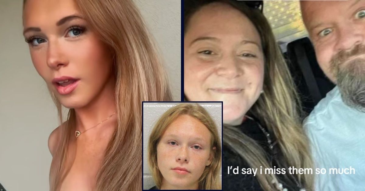 Left: Sarah Patrick in a TikTok video that she allegedly posted on June 27, 2025, just days before she was charged with murder for the deaths of her mother and stepfather (@sgrace04282/TikTok). Right: Kristin Brock and James Brock in a photo police say was shared in a TikTok post by Sarah Patrick earlier this year (@sgrace04282/TikTok). Inset: Sarah Patrick (Carroll County Sheriff