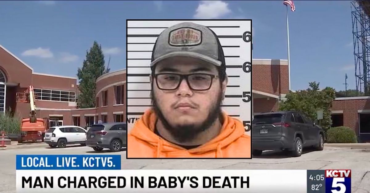 Inset: Adrian Horton (Platte County). Background: The Platte County Government Complex where Adrian Horton has been charged for his son