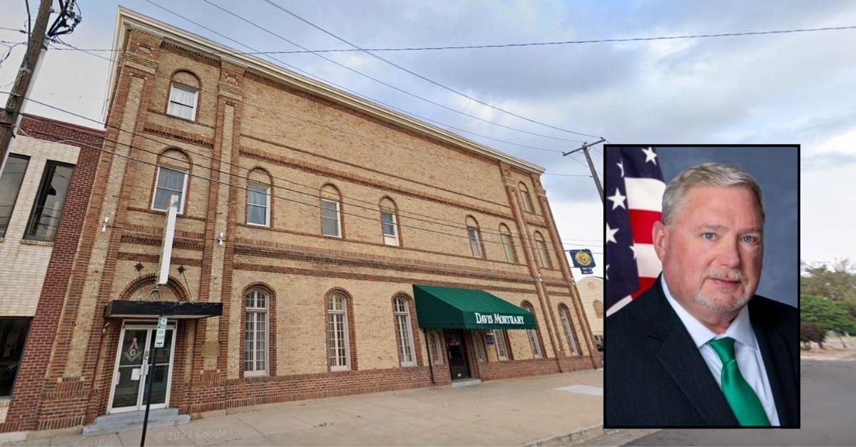 Inset: Brian Cotter (Pueblo County). Background: Davis Mortuary in Pueblo, Colo., where county coroner Brian Cotter allegedly stored "around 20 or so" bodies (Google Maps).