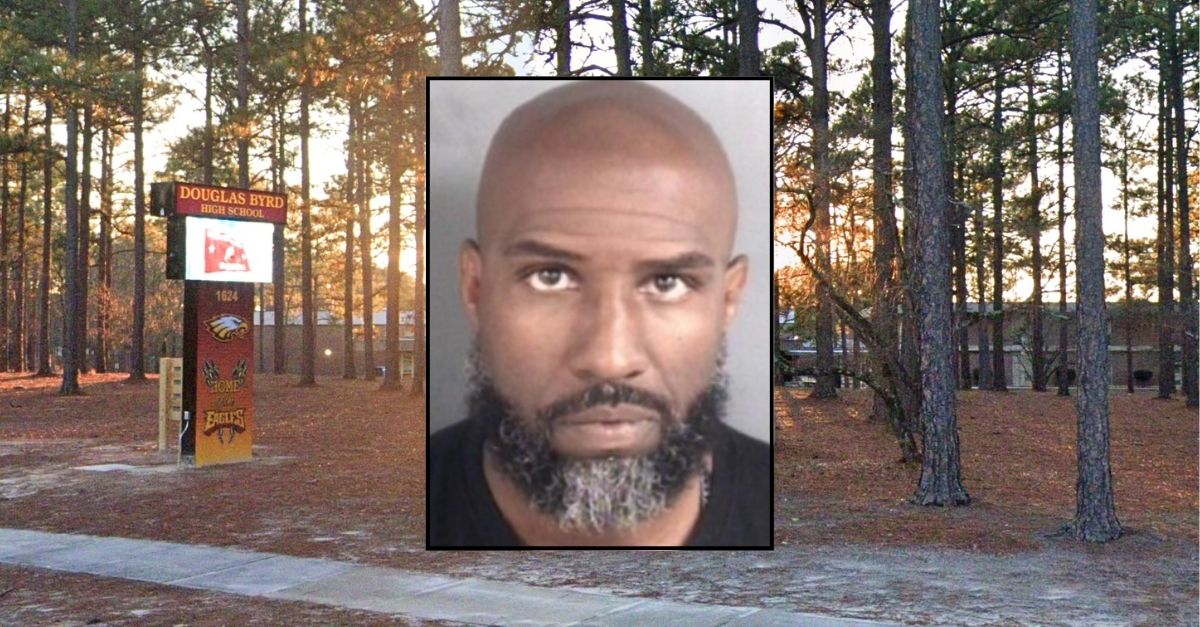 Inset: Devon Murphy (Fayetteville Police Department). Background: Douglas Byrd High School in Fayetteville, N.C., where criminal justice teacher Devon Murphy allegedly choked a teenage student in March 2025 (Google Maps).