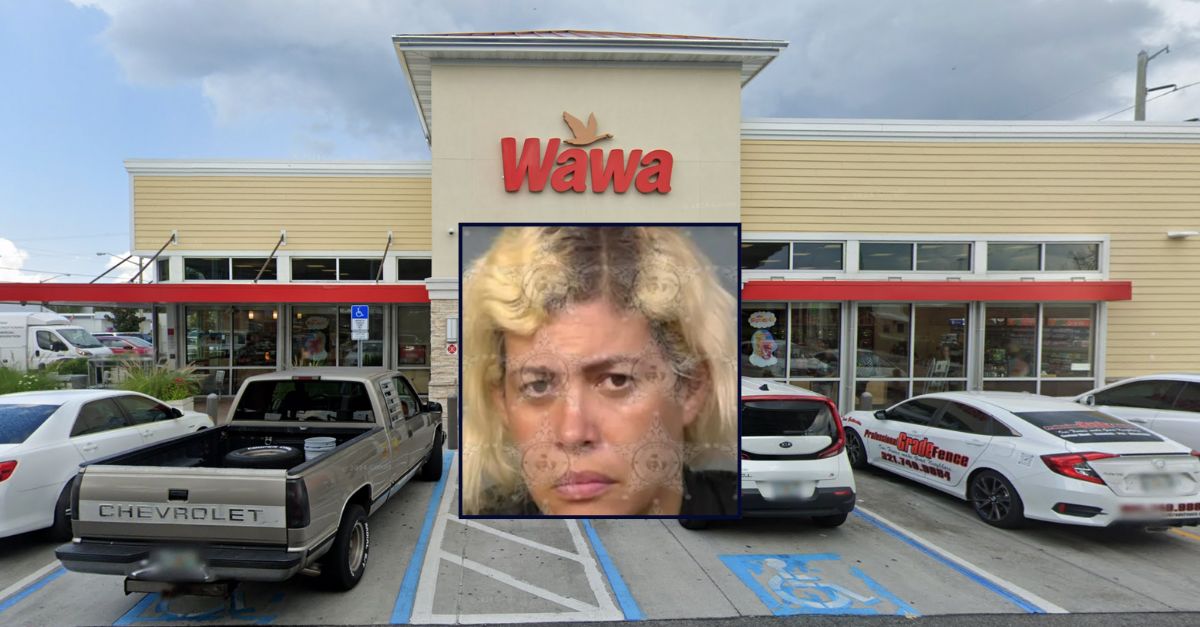 Dugblis Jimenez appears in a booking photo inset against an image of the gas station where a disastrous argument allegedly began in Florida.