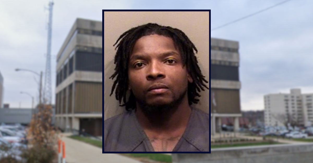 Inset: Emerson Evans of Normal, Ill. (Bloomington Police). Background: The McLean County (Ill.) Law and Justice Center (Google Maps).