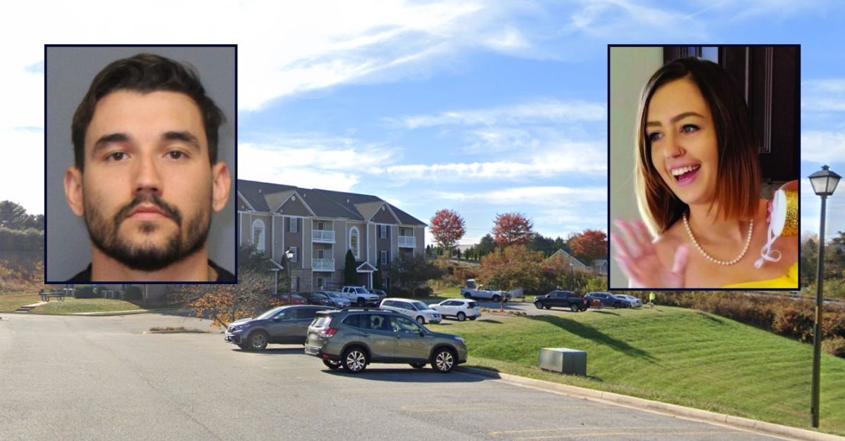 Left to right: Trenton Frye and Katlyn Montgomery appear inset against an image of the apartment complex where Montgomery was strangled to death.