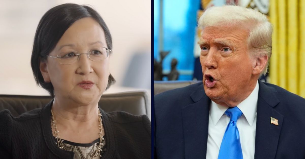 Right: U.S. District Judge Dolly Gee speaking in an interview with the National Asian Pacific American Bar Association (NAPABA/YouTube). Right: President Donald Trump speaks with reporters in the Oval Office at the White House, Tuesday, Feb. 11, 2025, in Washington, D.C. (Photo/Alex Brandon).