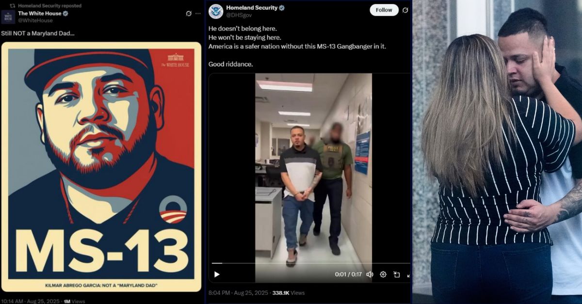 Three different representations of Kilmar Abrego Garcia; the first two are from the Trump administration; in the third, he embraces his wife after being released on bail.