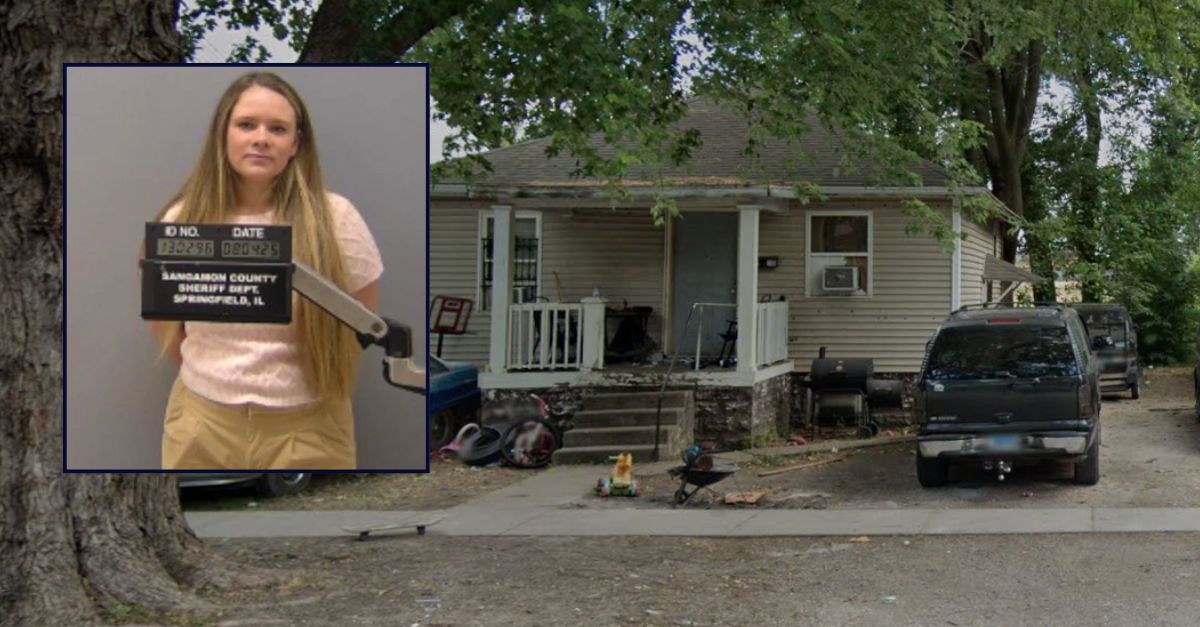 Katherine Smith appears in a booking inset an image of the house where a teenager was killed during a 2018 home invasion.