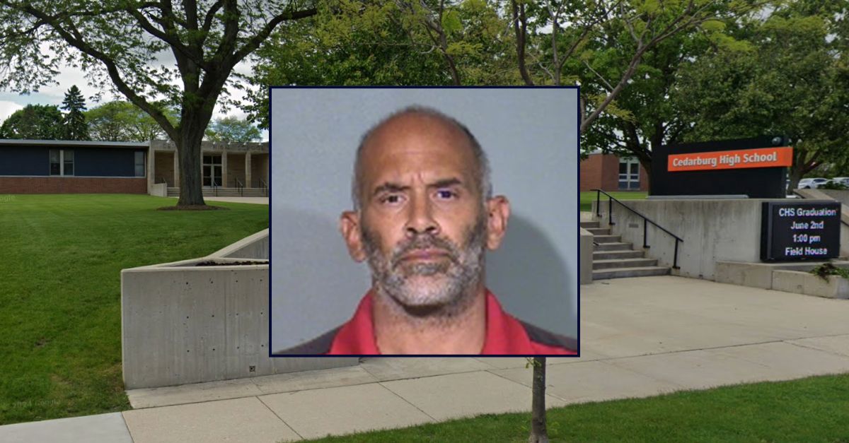 Johnny Latiker appears in a booking photo inset against an image of Cedarburg High School.
