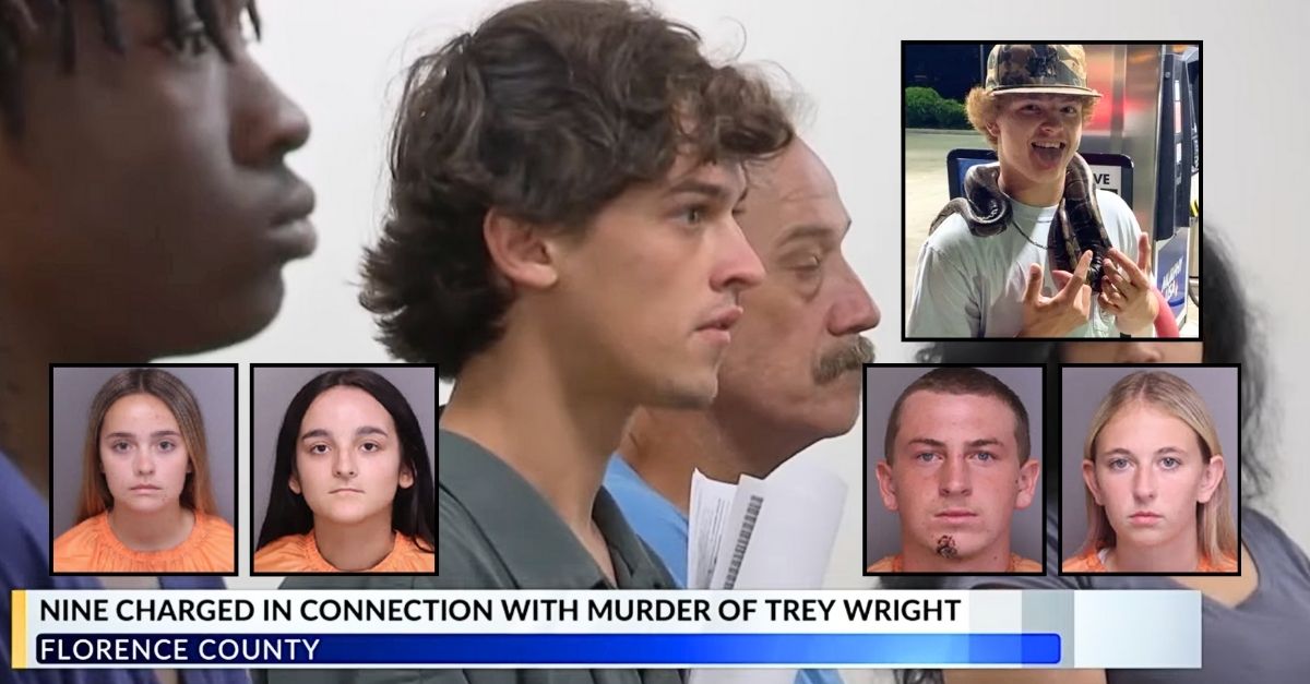 Background: Devan Raper in court for the murder of Trey Wright (WBTW/YouTube). Insets, clockwise from top right: Trey Wright, Sydney Kearns, Hunter Kendall, Corrine Belviso, and Gianna Kistenmacher (GoFundMe/Fulton County Sheriff