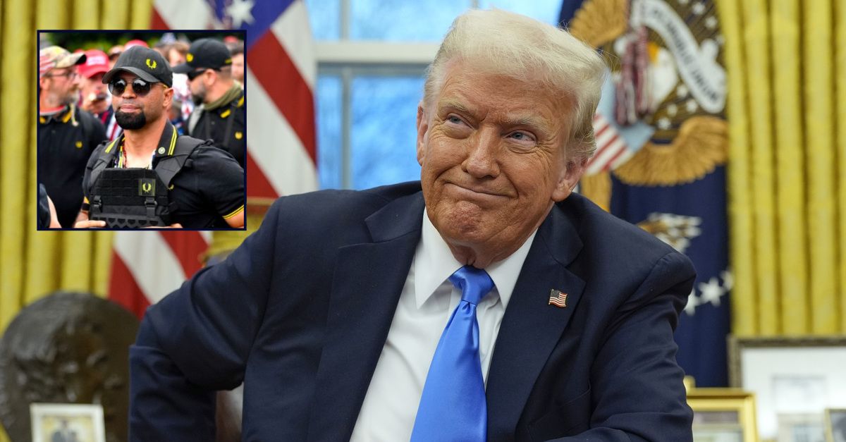 Enrique Tarrio inset against an image of Donald Trump.