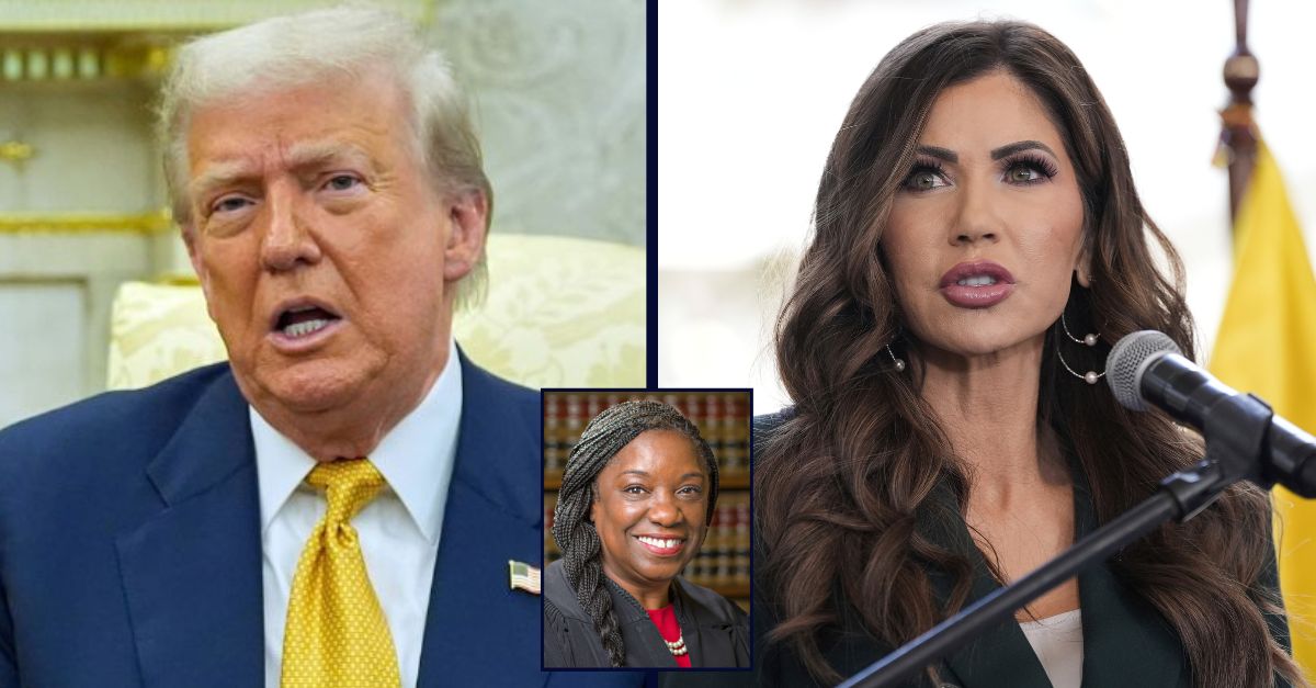 Left: President Donald Trump in the Oval Office of the White House, Tuesday, July 22, 2025, in Washington (AP Photo/Alex Brandon). Right: U.S. Homeland Security Secretary Kristi Noem speaks during a press briefing at the Ecuadorian Presidential Palace, Thursday, July 31, 2025, in Quito, Ecuador (AP Photo/Alex Brandon, Pool). Inset: U.S. District Judge Trina L. Thompson (U.S. District Court for the Northern District of California).