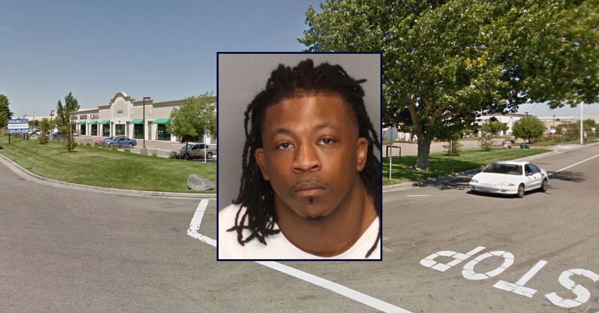 Andrew Watson appears in a booking photo inset against an image of the strip mall where a truck crashed after he shot the driver in California.