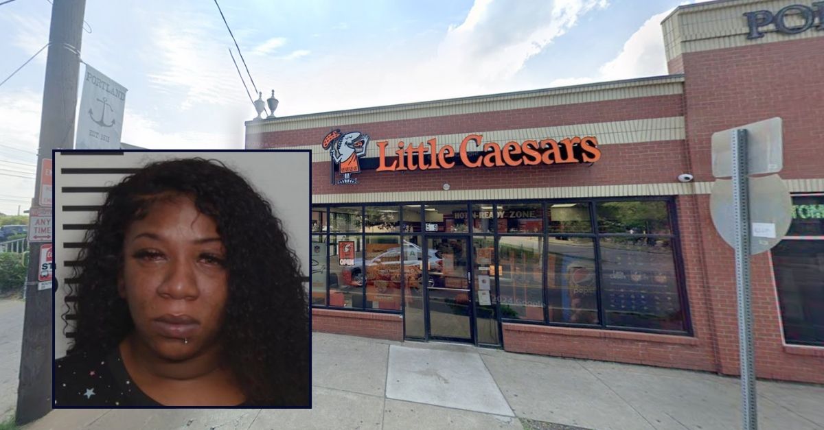 Inset: Breanna Haynes (Louisville Metro Police Department). Background: The Little Caesars in Kentucky where Breanna Haynes allegedly became irate over a $1 charge for extra sauce (Google Maps).