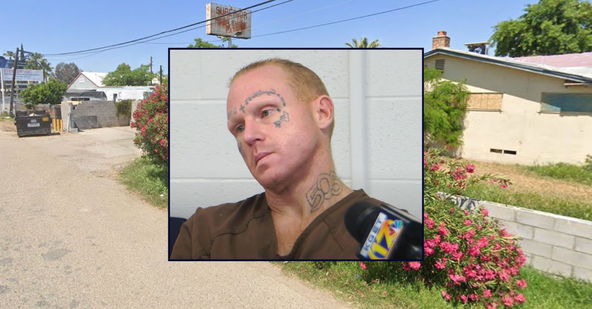 Daniel Graham appears during a jailhouse interview inset against an image of a mobile home park in California.