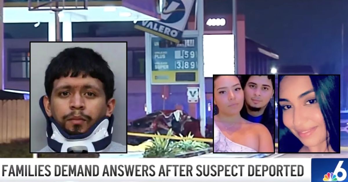 Left inset: Erwin Zuniga (Miami-Dade County). Right insets: Paola Sabillon, her boyfriend Jason Meza, and his cousin Giselle Reyes (WTVJ/YouTube). Background: The crash scene after Erwin Zuniga allegedly slammed into a gas station sign in Miami, Fla., in 2022 (WTVJ/YouTube).