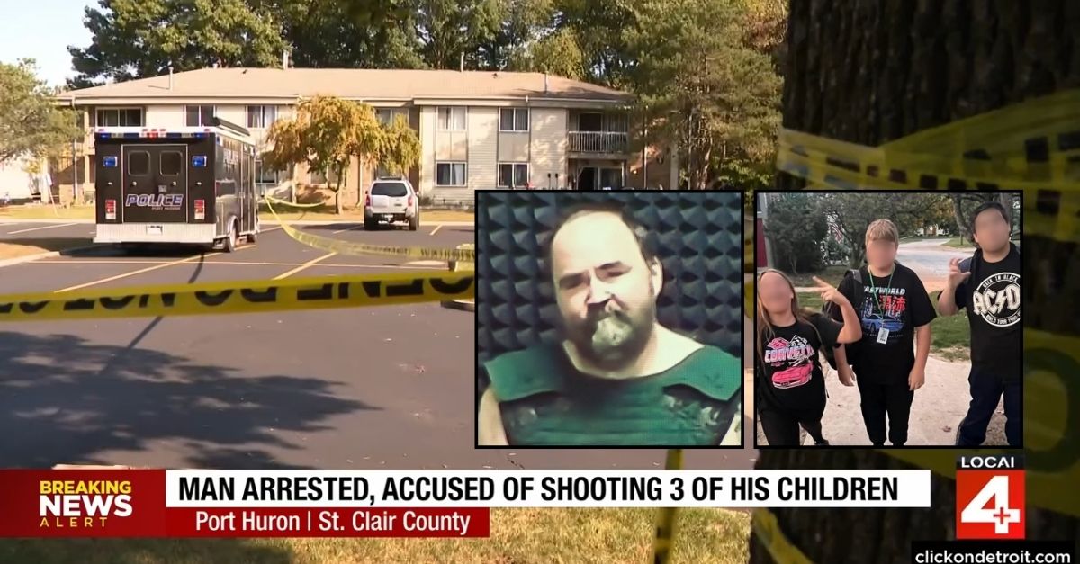 Left inset: Jeffrey Smerer (WJBK/YouTube). Right inset: Kinzley Smerer, Bentley Smerer and Kayleb Smerer (GoFundMe). Background: The apartments where Jeffrey Smerer allegedly shot his three children (WDIV/YouTube). 