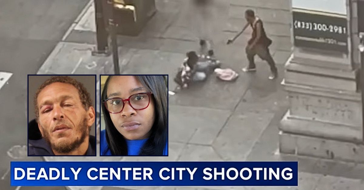 Left inset: John Kelly (Philadelphia Police Department). Right inset: Lauren Jardine (Facebook). Background: Cellphone video showing the alleged murder of Lauren Jardine outside a Philadelphia 7-Eleven by John Kelly (WPVI/YouTube).