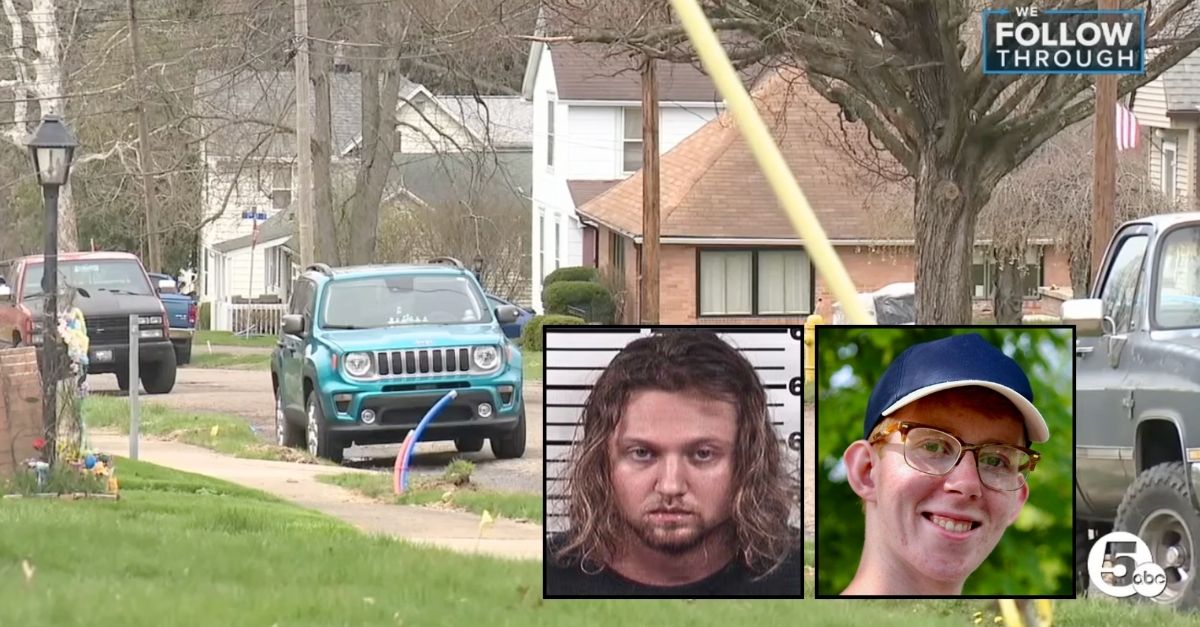 Left inset: Justice Oney (Barberton Police Department). Right inset: Nathan Flight (GoFundMe). Background: The area where Justice Oney allegedly shot and killed Nathan Flight in Barberton, Ohio, in April 2025 (WEWS/YouTube).