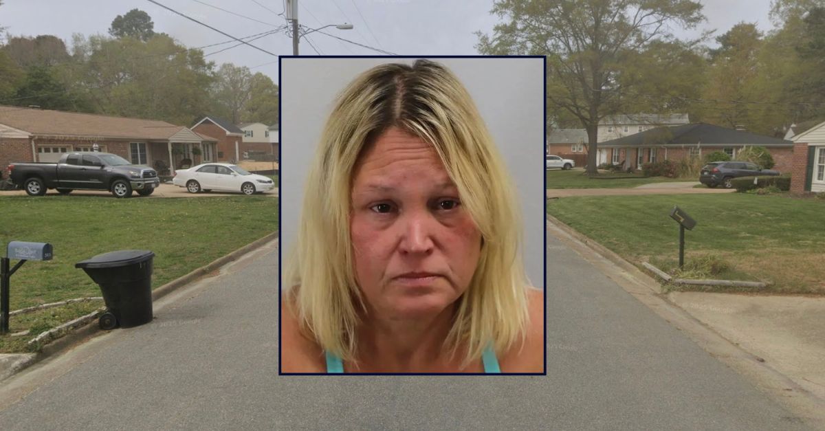 Inset: Jennifer Mulligan (Virginia Beach Police Dept.). Background: The block in Virginia where Mulligan allegedly killed her father in May (Google Maps).