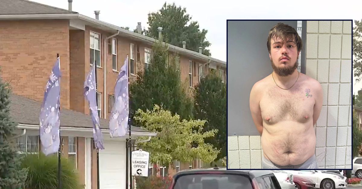 Inset: Hunter Dalton (Whitehall Police Dept.). Background: The apartment complex where Dalton allegedly hospitalized his newborn son (WSYX).