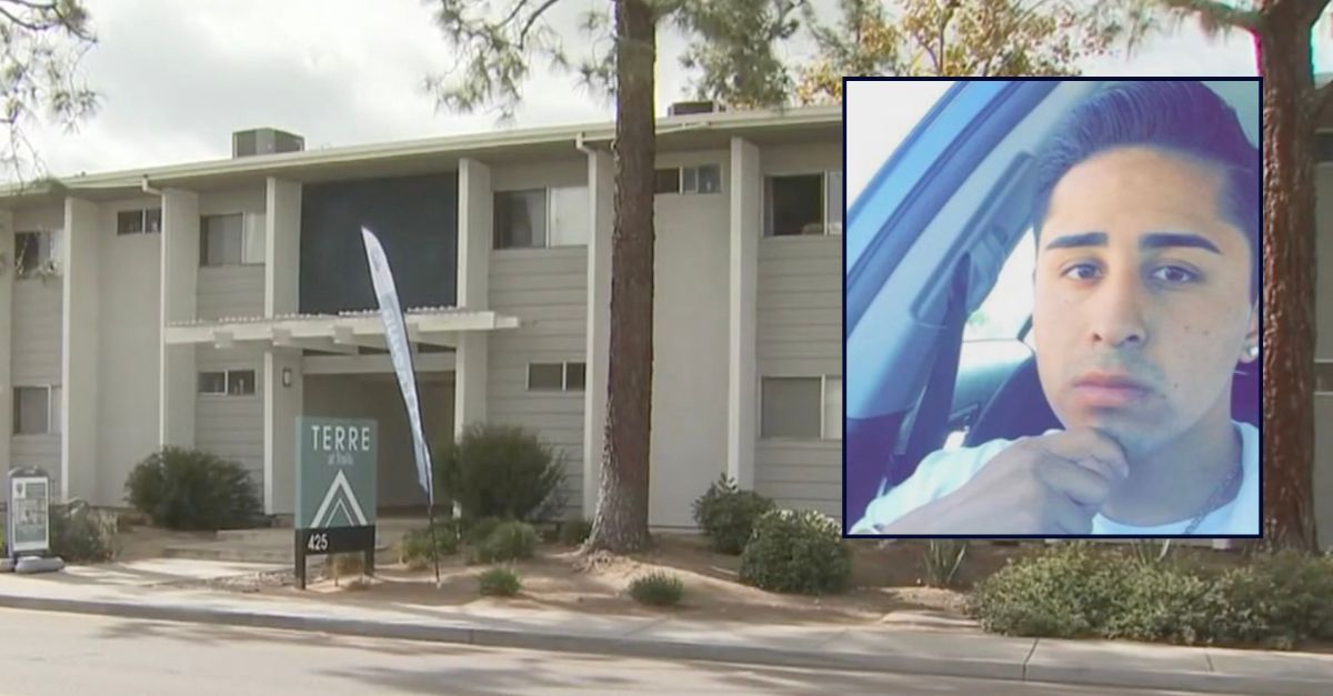 Inset: Eduargo Aguilar Alba (KNSD). Background: The apartment complex where Alba was killed by Sean Hawksworth (KNSD).