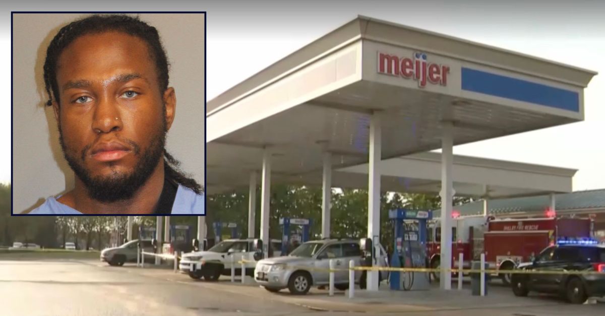 Inset: Sydney Emmanuel Davis Jr. (Shelby Township Police Department). Background: The Meijer gas station where Davis allegedly killed his estranged wife (WDIV).