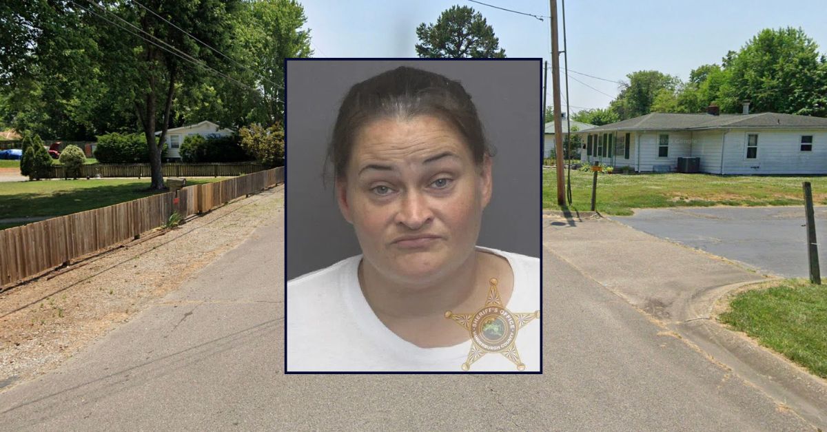 Inset: Ashley Ellis (Vanderburgh County Jail). Background: The area in Evansville, Indiana where Ellis 1-year-old was allegedly found wandering the streets (Google Maps).
