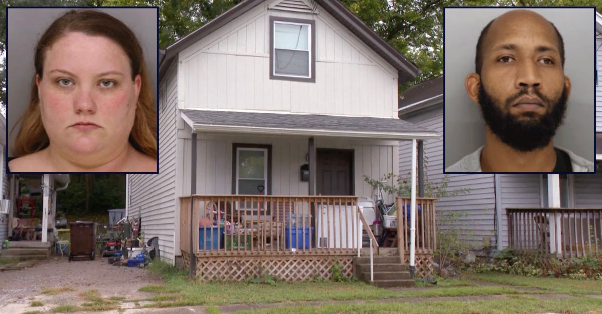 Inset, left to right: Angel Holland and Aaron Stalling (Hamilton County Jail). Background: The house where Holland and Stalling lived with the victim (WXIX).