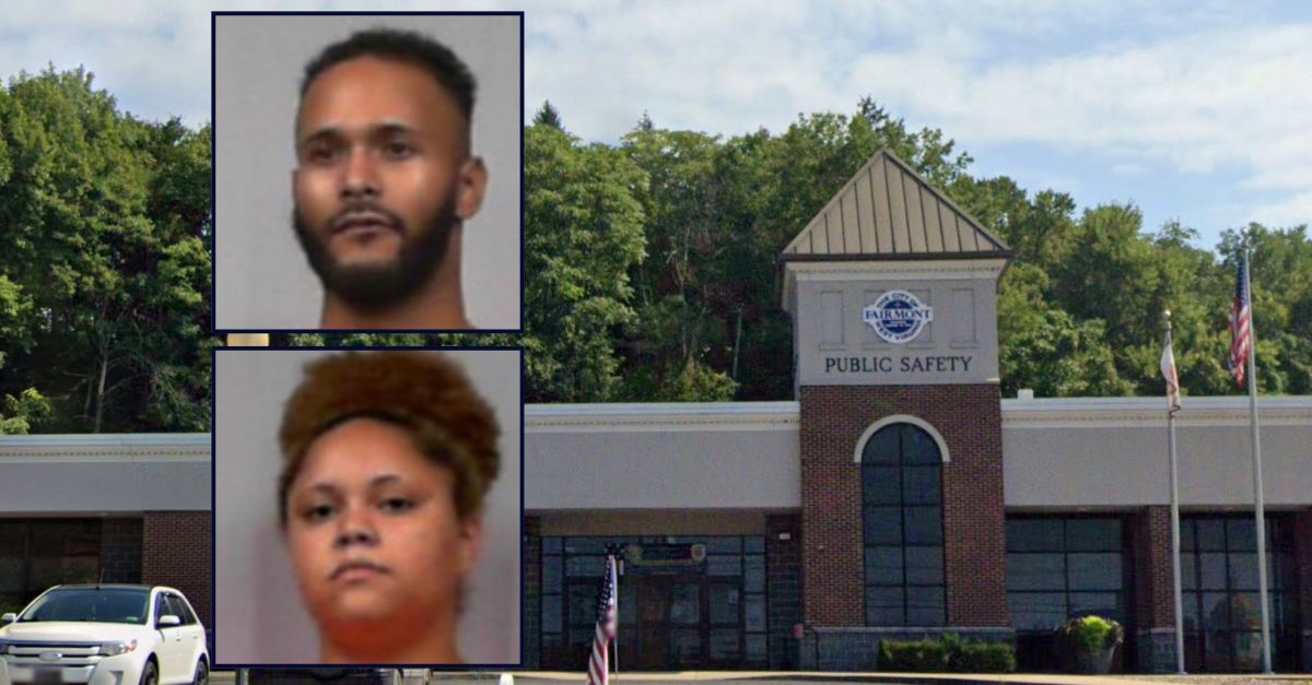 Inset, top to bottom: Anthony Grogg and Victoria Frampton (West Virginia Department of Corrections). Background: Fairmont Police Department (Google Maps).
