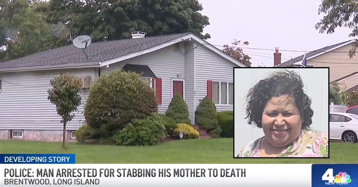 Inset: Melida Velasquez (Facebook/Iglesia Adventista Salem Elim). Background: The Long Island, N.Y., home where Melida Velasquez was allegedly murdered by her son Jason Kurumoglu on Tuesday, Sept. 9, 2025 (News 12 Long Island/YouTube).