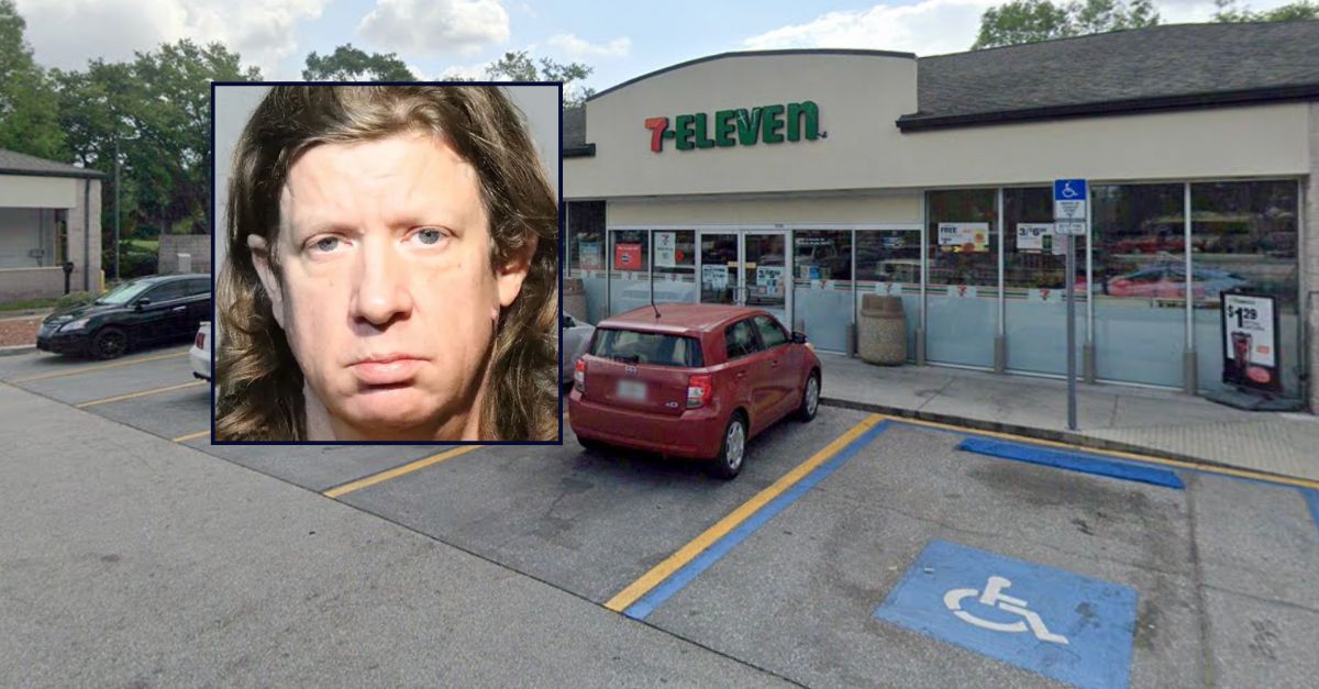 Mike Whigham appears in a booking photo inset against an image of the 7-Eleven where he works in Florida.