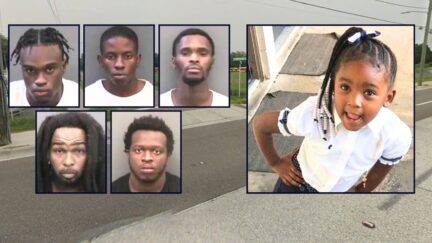 Insets of men, clockwise from top left: Andrew Thompson, James Denson, Quandarious Hammond, Jaylin Bedward, Zvante Sampson (Hillsborough County Sheriff's Office). Inset right: Suni Bell: (Hillsborough County Sheriff's Office). Background: The intersection near where Suni was shot and killed on Aug. 22, 2021, in Tampa, Fla. (Google Maps).