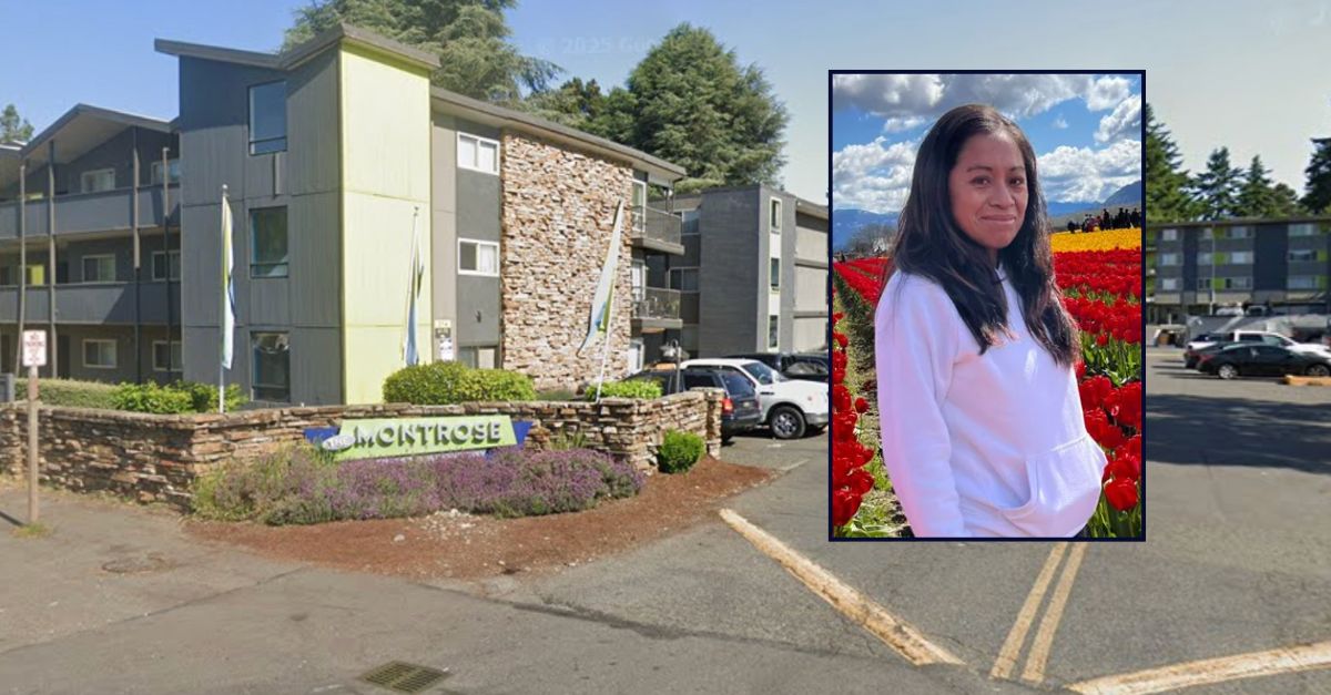 Yaneth Gómez Hernández appears inset against an image of the apartment complex where she was killed.