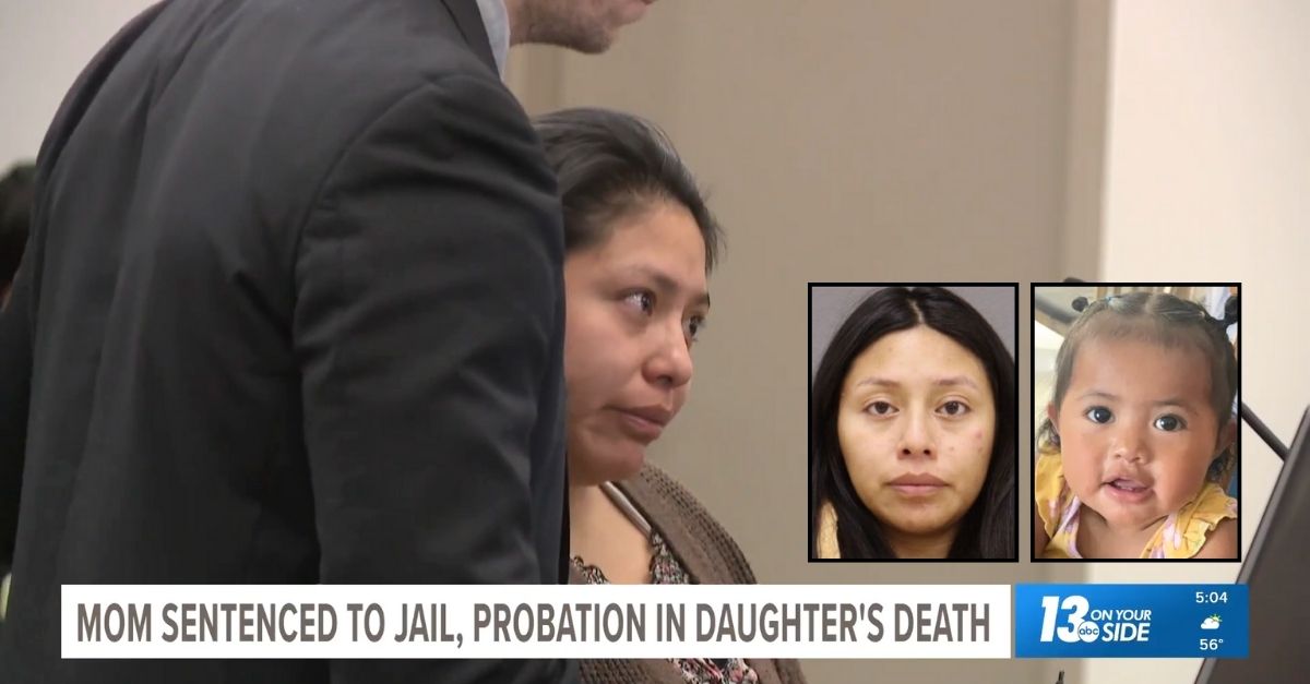 Left inset: Angelica Arechiga (Grand Rapids Police Department). Right inset: Julieta Magdelena (Ofield Funeral Home). Background: Angelica Arechiga in court on Wednesday, Oct. 29, 2025, for her sentencing (WZZM/YouTube).