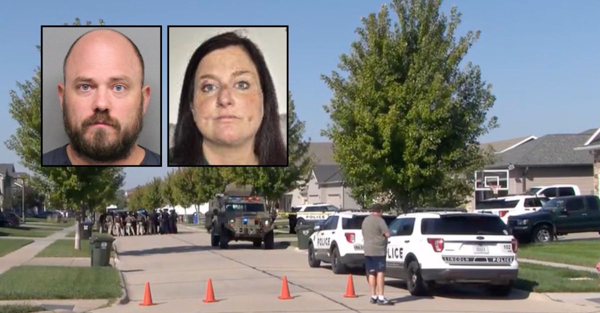 Left inset: Christopher Collins. Right inset: Jesserae Beck (Lincoln Police Department). Background: Law enforcement outside a Nebraska property where Christopher Collins allegedly took Jesserae Beck after attacking her (KOLN).