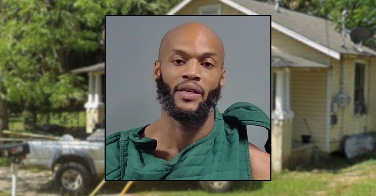 Inset: Davarius James (Escambia County Jail). Background: Home in Pensacola, Florida, where he allegedly murdered his girlfriend (Google Maps).