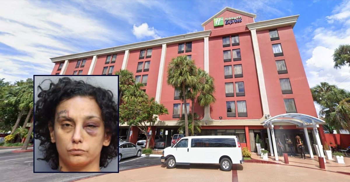 Inset: Elizabeth Hernandez (Miami Dade Corrections & Rehabilitation Center). Background: The Holiday Inn Express hotel near Miami International Airport where Elizabeth Hernandez allegedly killed a man and hid his body under a bed (Google Maps).