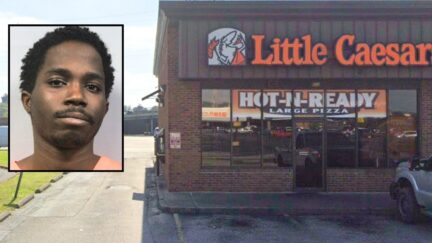 Background: The Little Caesars restaurant on Patrick Street Plaza in Charleston, West Virginia (Google Maps). Inset: Jahtique Farmer (West Virginia Division of Corrections and Rehabilitation).