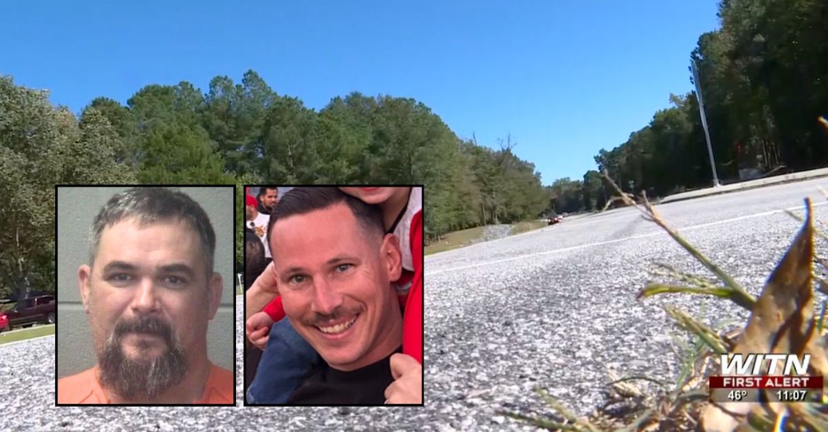 Left inset: James Wells (Onslow County Sheriff's Office). Right inset: Dylan Rasmussen (GoFundMe). Background: The intersection of Burgaw Highway and Holly Shelter Road in Onslow County, N.C., where James Wells allegedly shot Dylan Rasmussen during a road rage incident (WITN).