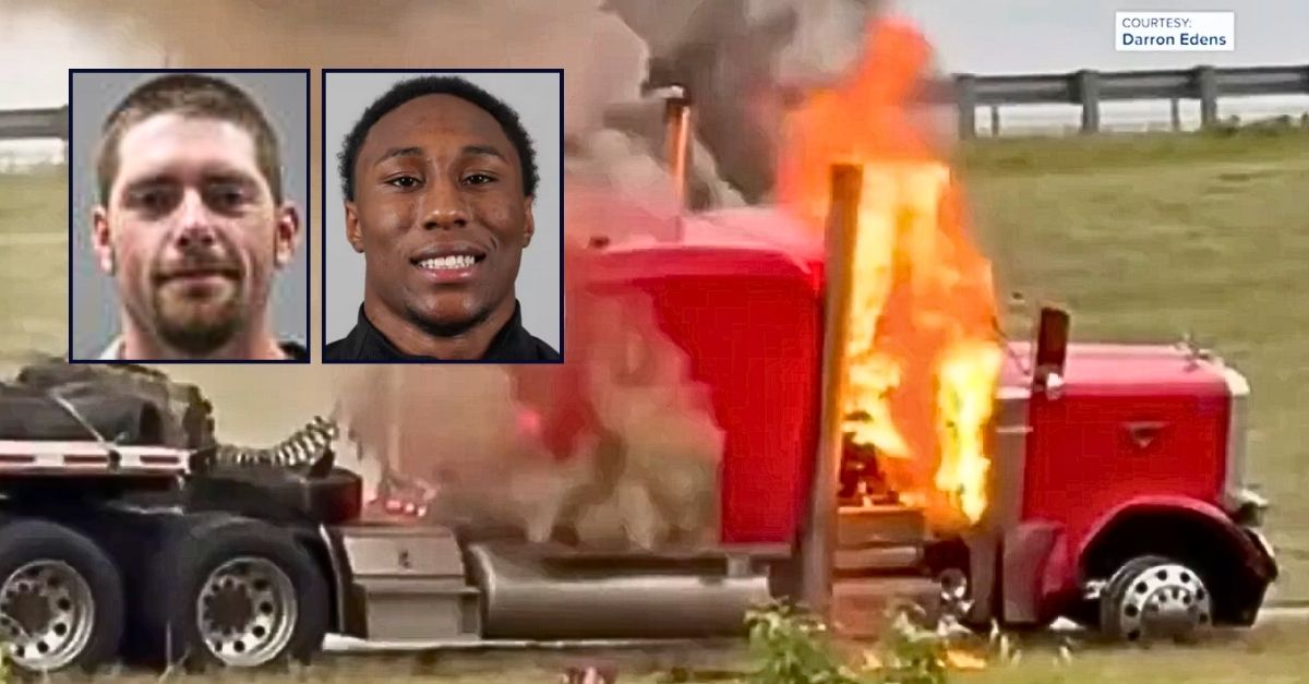 Left inset: John McAdams (Limestone County Jail). Right inset: William Hardrick (Miami University - Ohio). Background: The commercial truck that John McAdams was allegedly driving on Interstate 65 in Alabama when he caused a series of crashes, killing William Hardrick, cops say (WZDX/YouTube).