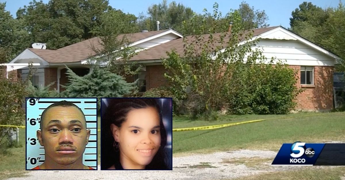 Left inset: Joshua Brown (Oklahoma County Sheriff's Office). Right inset: Shawntae Brown (GoFundMe). Background: The Oklahoma home where Joshua Brown brutally beat his wife Shawntae Brown in front of their three children, ages 7, 14, and 15 (KOCO).