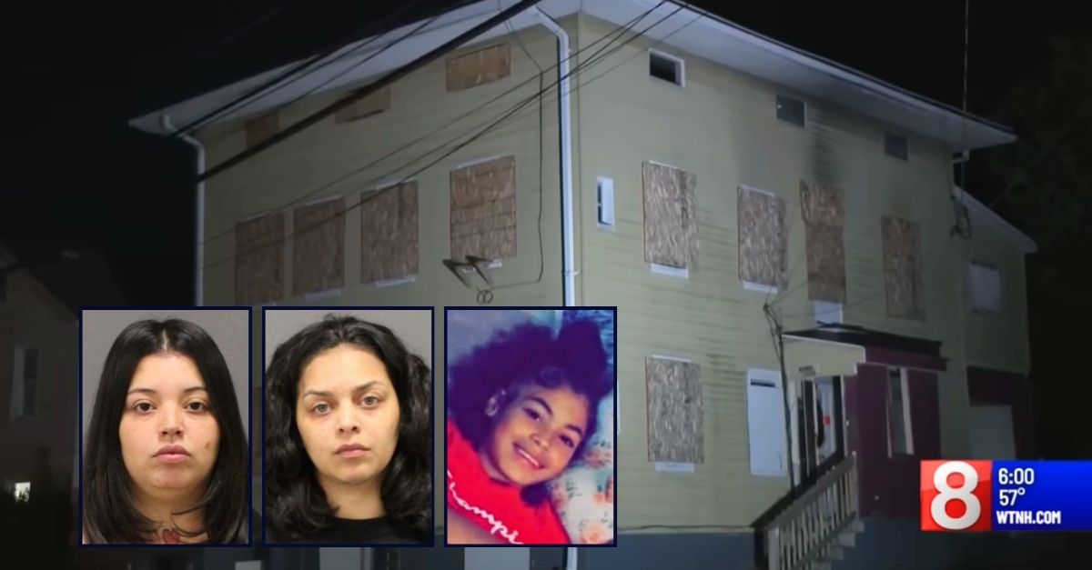 Left inset: Karla Garcia (New Britain Police Department). Center inset: Jackelyn Garcia (NBPD). Right inset: Jacqueline "Mimi" Torres (GoFundMe). Background: The abandoned house in New Britain, Conn., where the remains of Jacqueline "Mimi" Torres were found in a container outside (WTNH/YouTube).